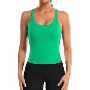 Ribbed Tank Top Built In Bra Yoga Workout Top Athletic Racerback
